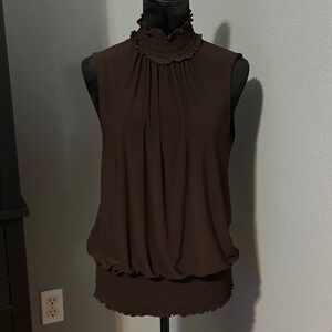 Sere Nade Blouse Large Brown Cowl Neck Smocked Hem Dark Academia Chic Minimalist